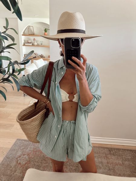 Today’s casual summer outfit for a backyard bbq and pool 
Shorts- Xs (went up a size from my regular brand size for a looser fit) 
Top- oversized fit, xxs 
Swim is true to swim sizing 

#LTKSwim #LTKOver40