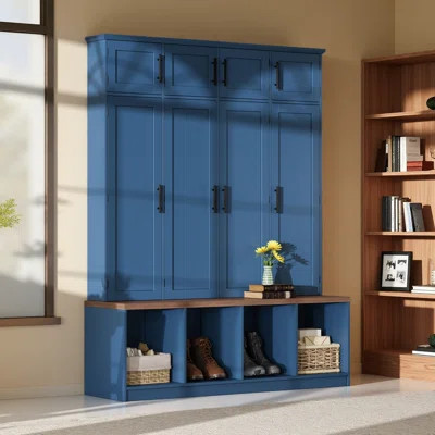 Farmhouse Hall Tree With 4 Hidden Hanging Hooks, Versatile Walnut Seating Bench With 8 Doors, Entryway Shoe Cabinet With Open Compartment For Living R | Wayfair North America