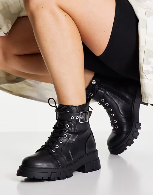 Pimkie chunky sole lace up biker boot in black | ASOS (Global)
