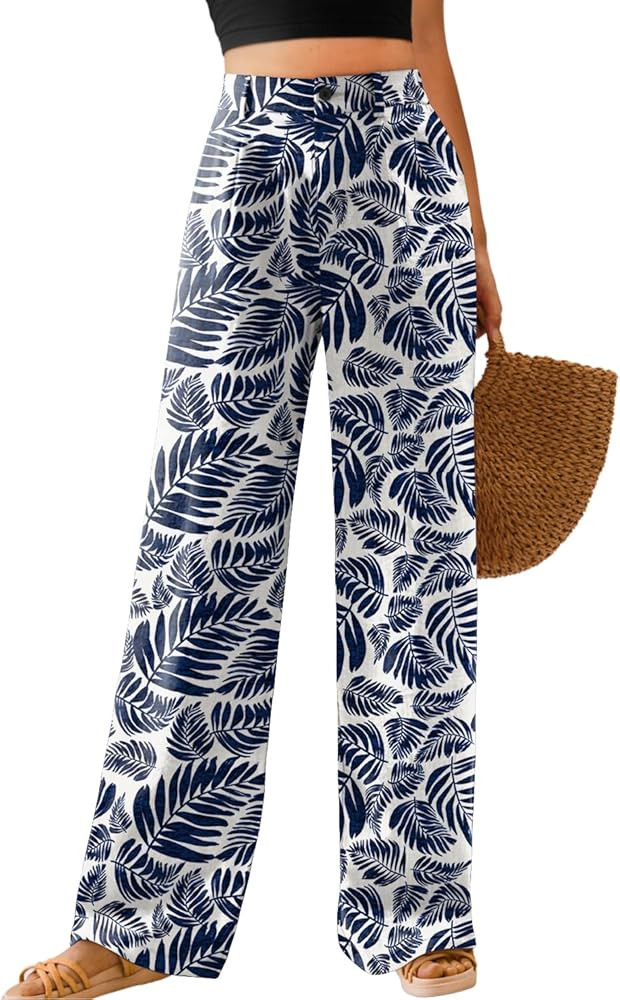 Feiersi Womens Casual Wide Leg Pants High Waisted Button Down Straight Long Trousers Palazzo Pant... | Amazon (US)