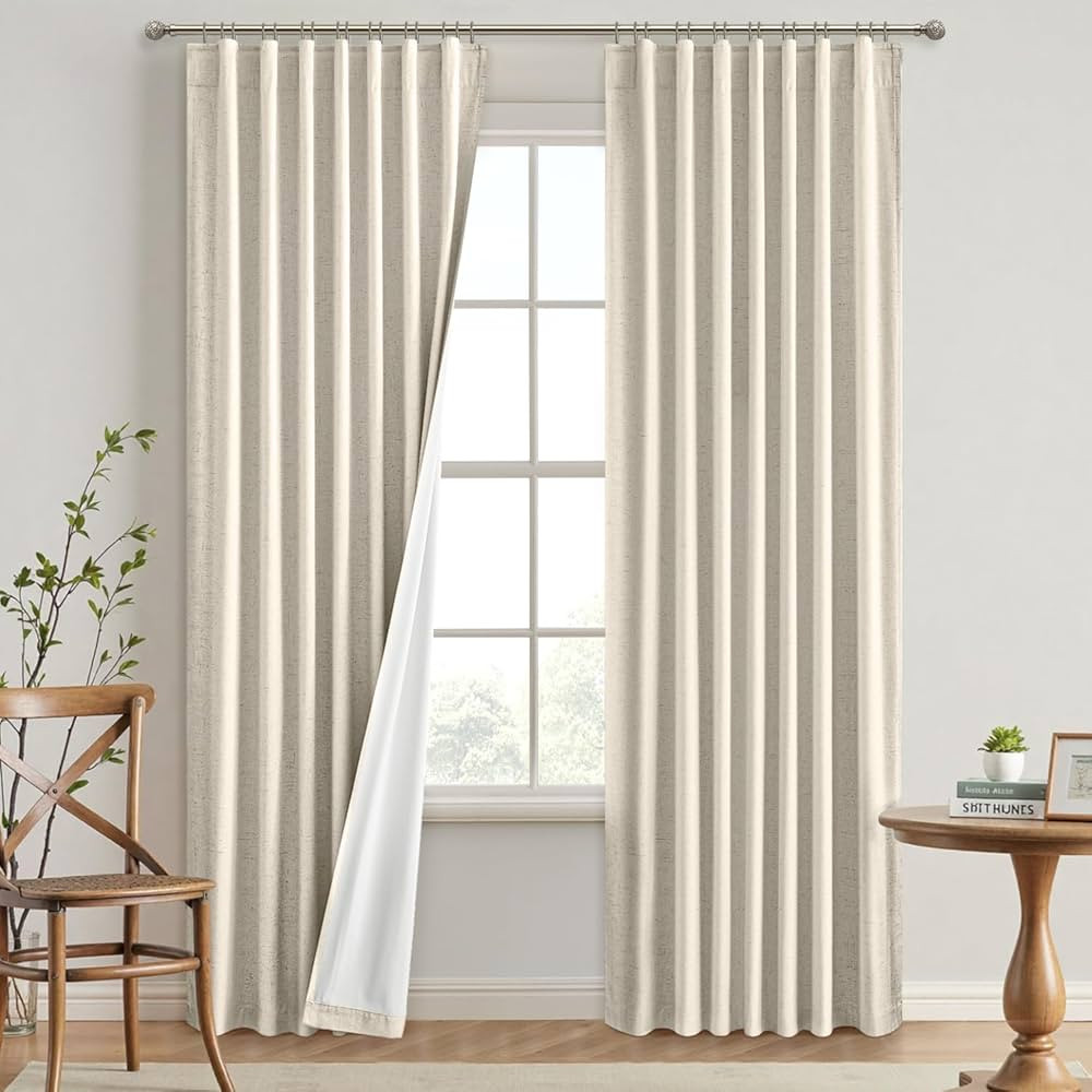 EMEMA Cream Beige Linen Blackout Curtains 84 inch Long 2 Panels Set for Bedroom Back Tab Thermal ... | Amazon (US)