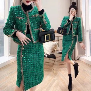 Set: Tweed Jacket + Pencil Skirt | YesStyle Global