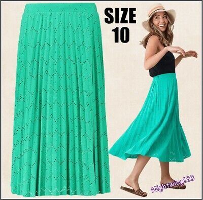 TU Size 10 Green Skirt Pleated Broderie Lace Midi Long Elasticated Waist Lined | eBay AU