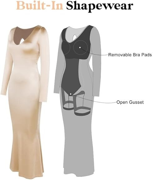 Popilush Dress with Built in Shapewear - 6 in 1 Long Sleeve Maxi Dress V-Neck Glossy Dress with Body | Amazon (US)