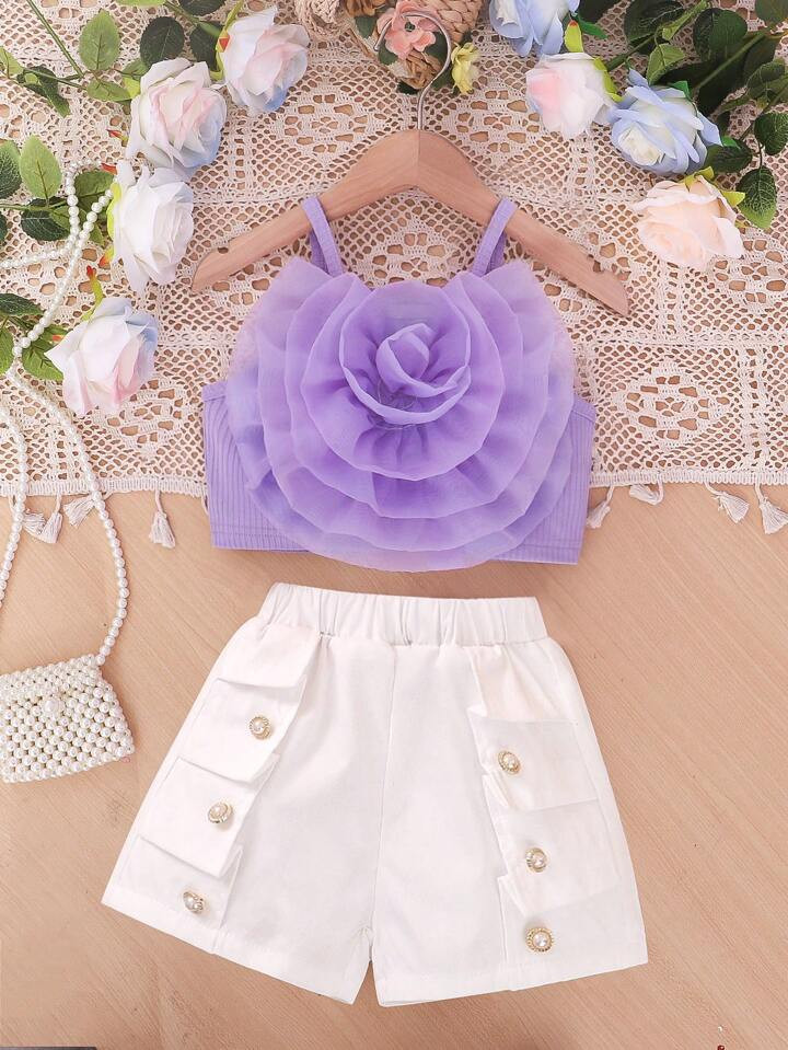 SHEIN Young Girls' Purple Top With 3d Flower Decoration And White Shorts Two Piece Outfit, Summer | SHEIN