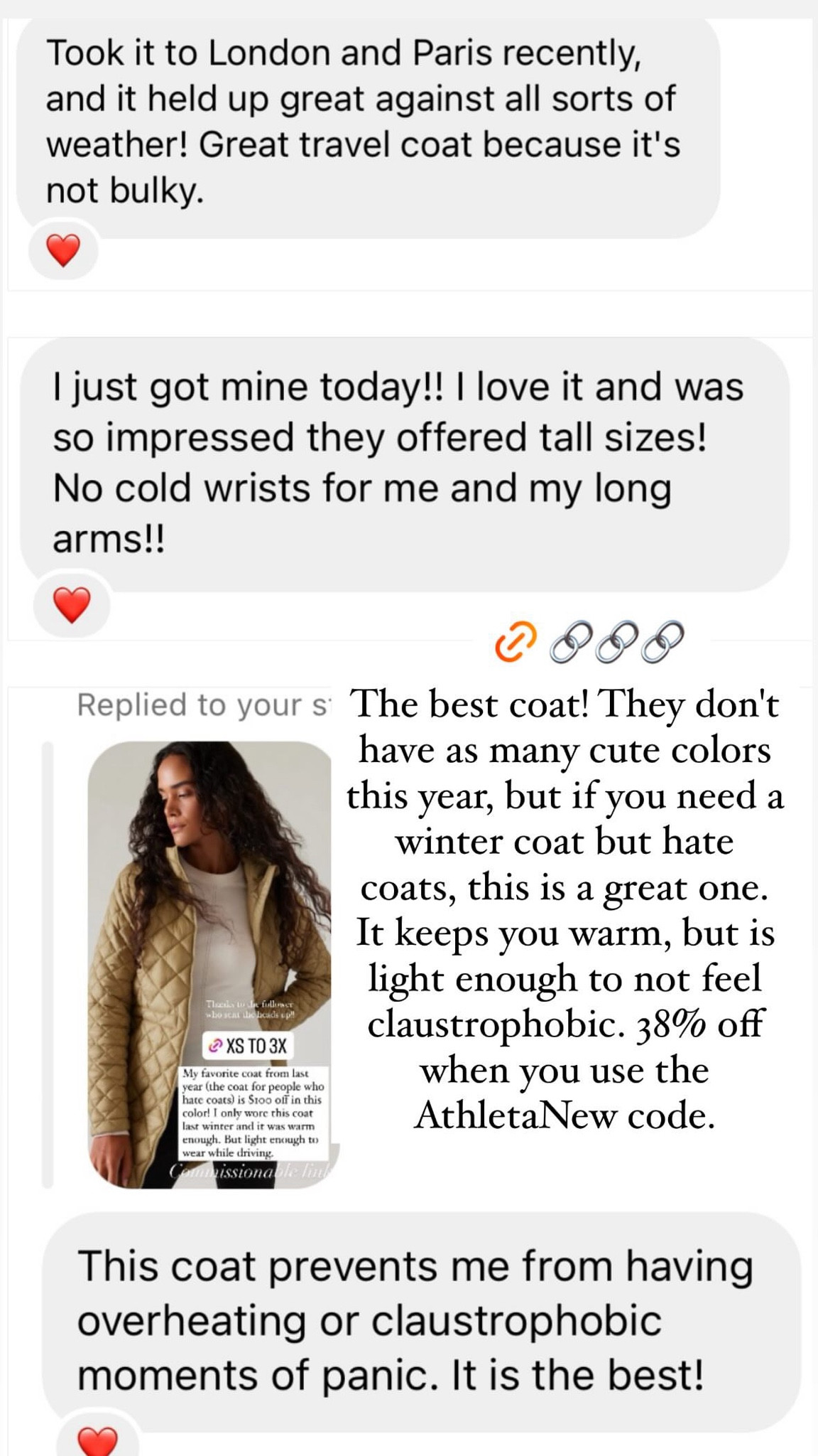 The best winter coat. I have used in Ohio winters the last two years. Long enough to go over butt, but still so light and doesn't overheat. You can even drive in it! Also love the Whisper jacket, which differs from parka in that it doesn't have a hood, but easy to throw on. I also really like the best. The length also covers my butt in the back, but not the front. I think it runs big. 

Use code "AthletaNew" for 20% off $150+ - one time use only  