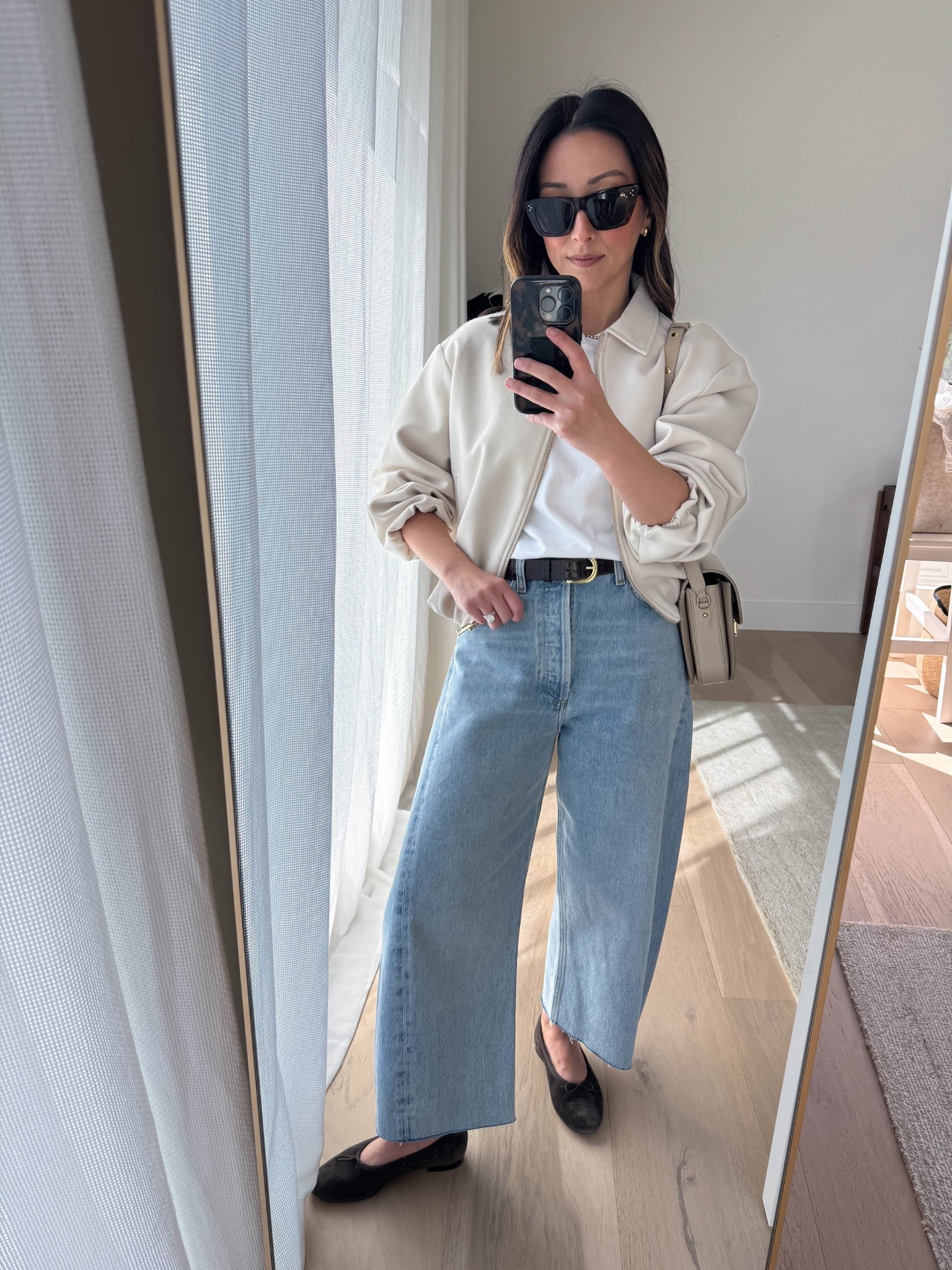 Polished spring outfit idea. 

Zara jacket small
Madewell tee xs
AGOLDE Luna curve jeans 25 - cut hems
J.Crew belt
Madewell flats 5.5
Sezane Milo bag - color is old
Celine sunglasses
Quince earrings
Dorsey James necklace 15"

Petite style, spring style, spring outfits 2026

#LTKmomlife #LTKPetite #LTKootd