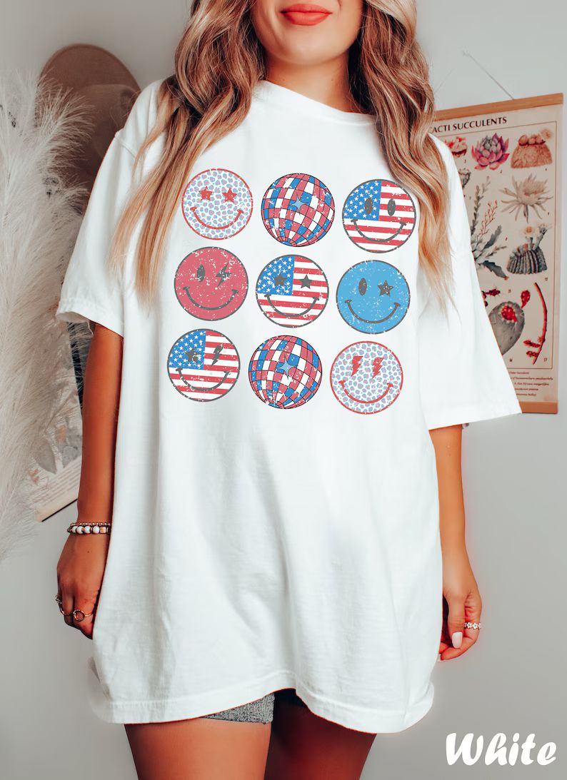 Retro Smiley Flag USA Shirt, Comfort Colors 4th of July Smiley Face Shirt, Fourth of July Shirt W... | Etsy (US)