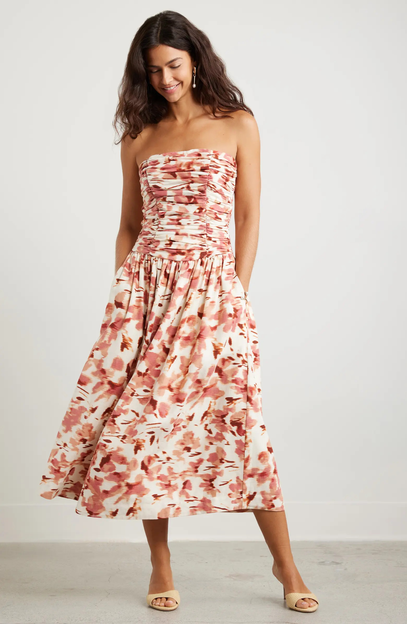 Ruched Linen Blend Strapless Sundress | Nordstrom