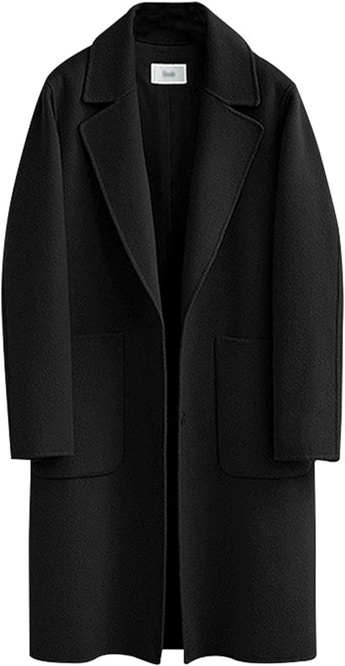 Omoone Women's Notched Lapel Wool Coats Mid Long Button Pea Coats Warm Thicken Trench Jacket | Amazon (US)