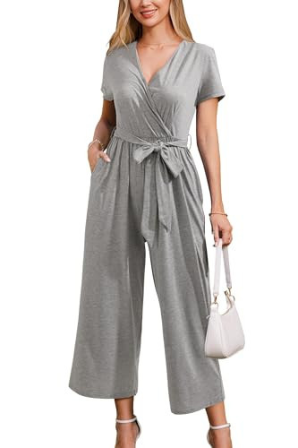 OUGES Jumpsuit Damen Sommer Elegant Overall Lang Playsuit Kurzarm Casual Hosenanzug mit Taschen(Grau,M) | Amazon (DE)