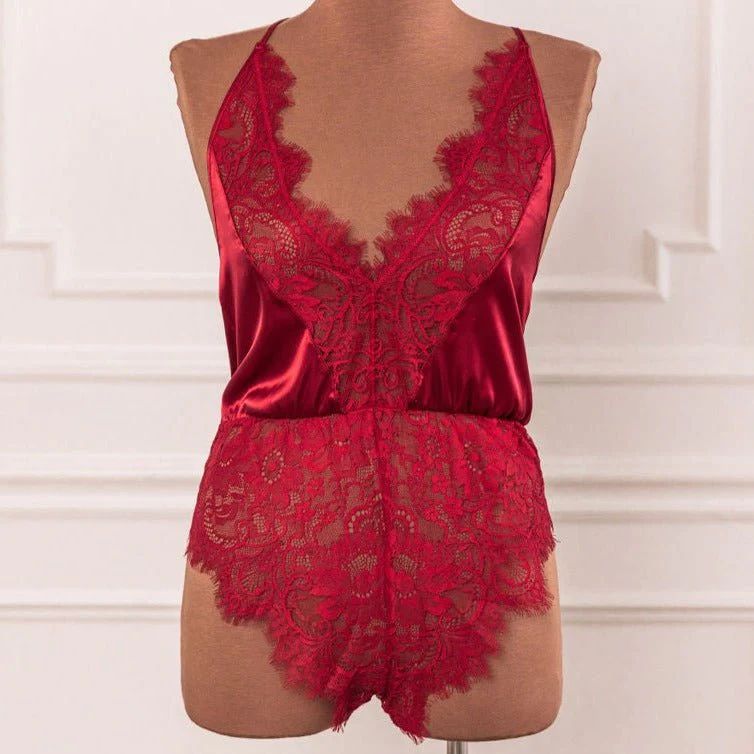 Satin & Eyelash Lace Romper - Red | Mentionables