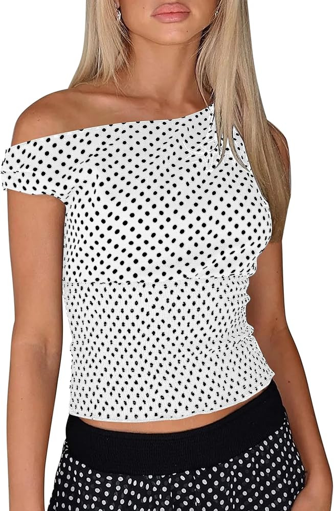 Womens Polka Dot Sleeveless Off The Shoulder Shirt One Shoulder Y2k Tops Slim Fit Lettuce Trim Su... | Amazon (US)