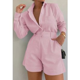 Casual Patch Pocket Buttoned Shirt and Shorts in Pink for Urban Daily Wear & Coffee Runs | Chicwish