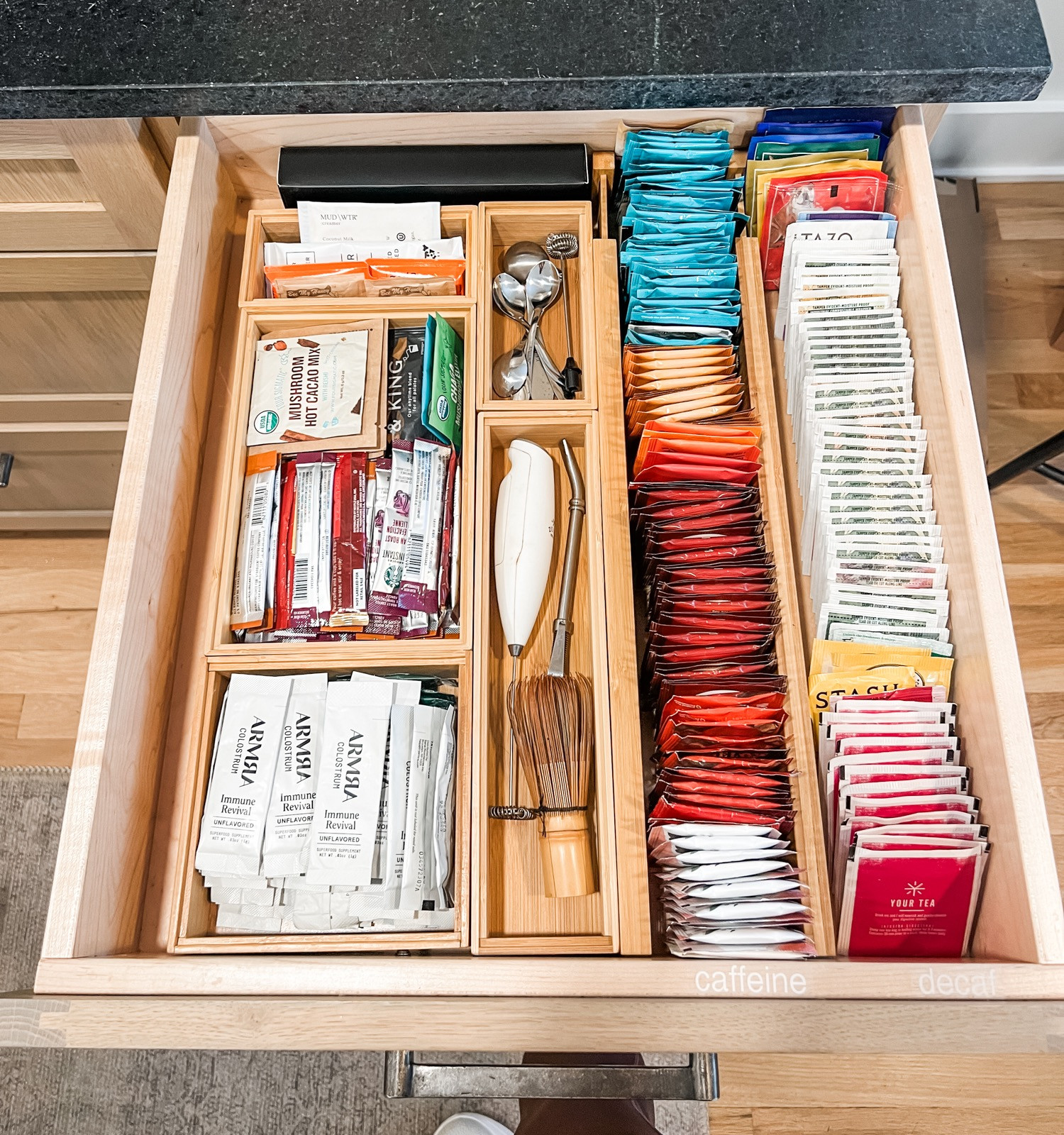 For things you use daily, it's important to have dedicated and organized spaces for them. If tea is your thing, pick a drawer, add some bamboo organizers and expandable drawer dividers, and corral the things you use regularly. We love a good tea drawer! 🫖 

 