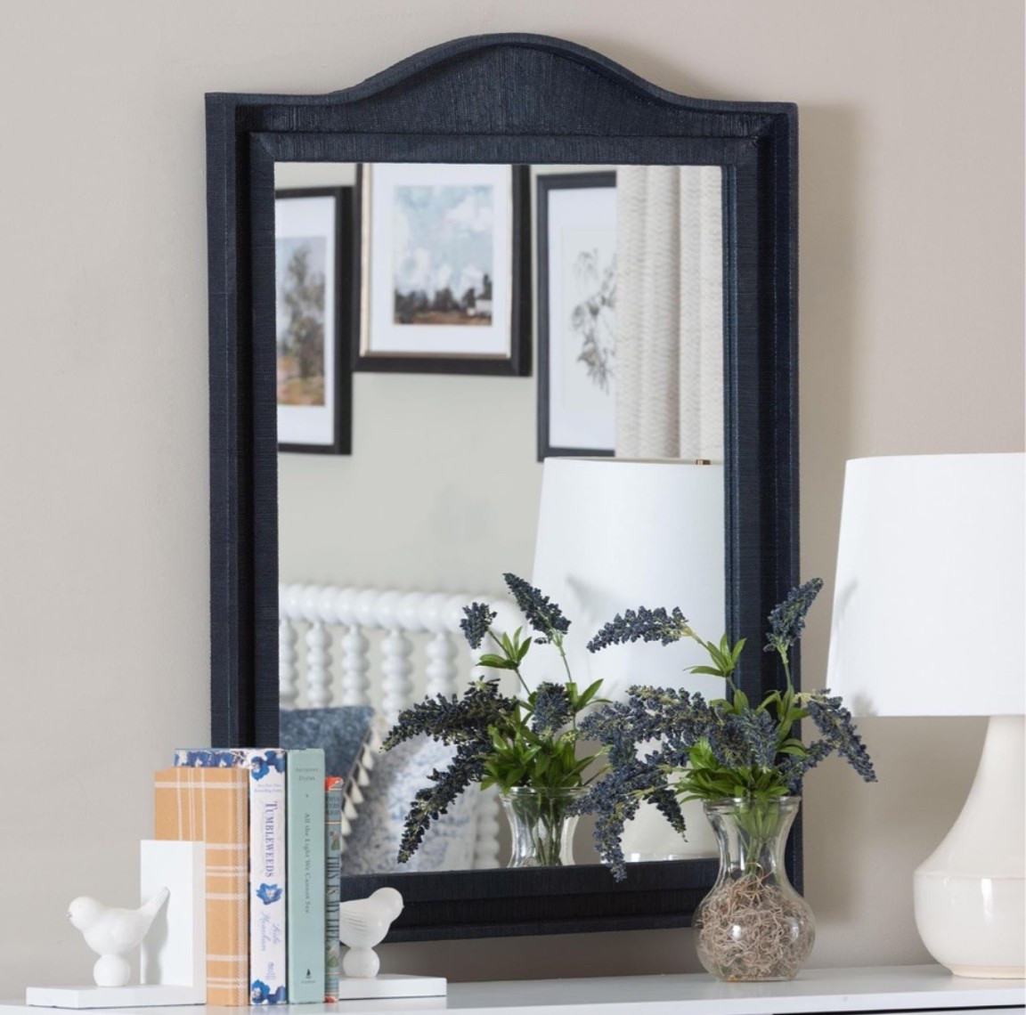 NEW designer lookalike grass cloth mirror in navy. Perfect for an entryway, bathroom or bedroom to get that classic coastal style in a subtle way.