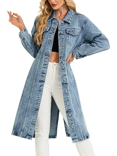 LifeShe Women Denim Jacket Button Down Maxi Long Jean Trench Coat With Pocket | Amazon (US)