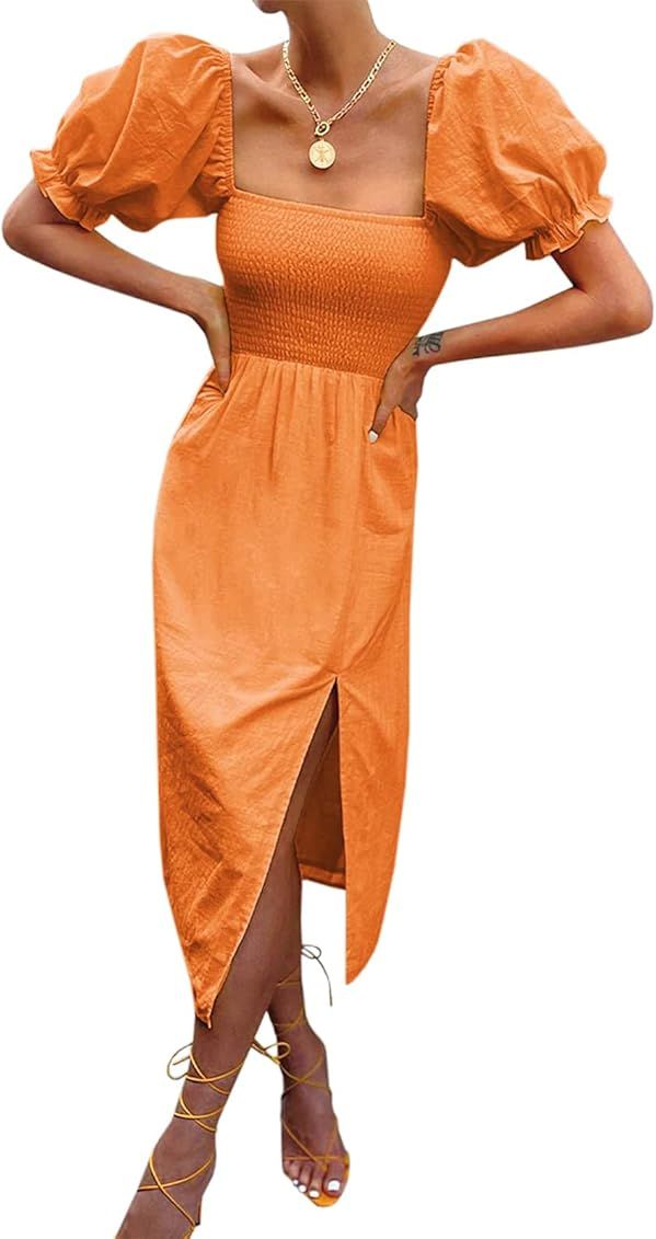 Women's Summer Casual Puff Sleeve Dress Square Neck Smocked Off Shoulder Boho Side Split Midi Dresse | Amazon (US)