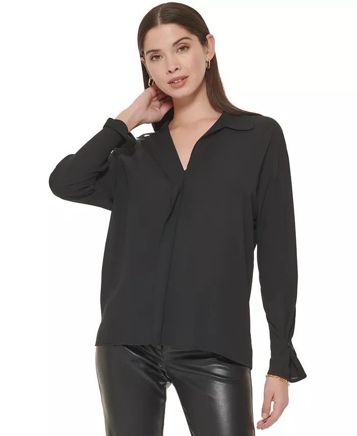 Calvin Klein Women's Long Sleeve V-Neck Collared Blouse & Reviews - Tops - Women - Macy's | Macys (US)