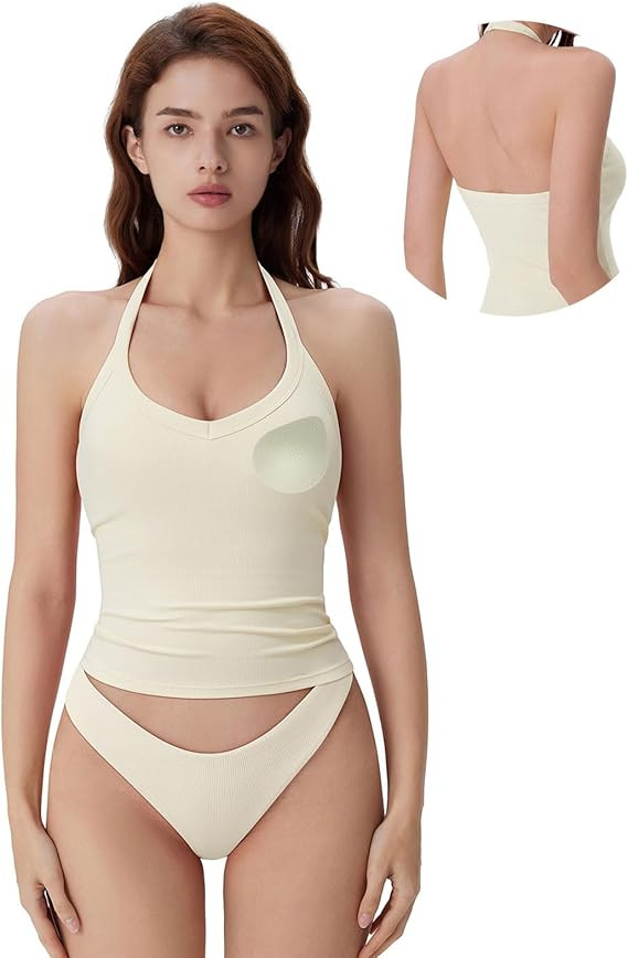 SUUKSESS Women Halter Tank Top with Built in Bra Cotton Ribbed V Neck Fitted Basic Going Out Summ... | Amazon (US)