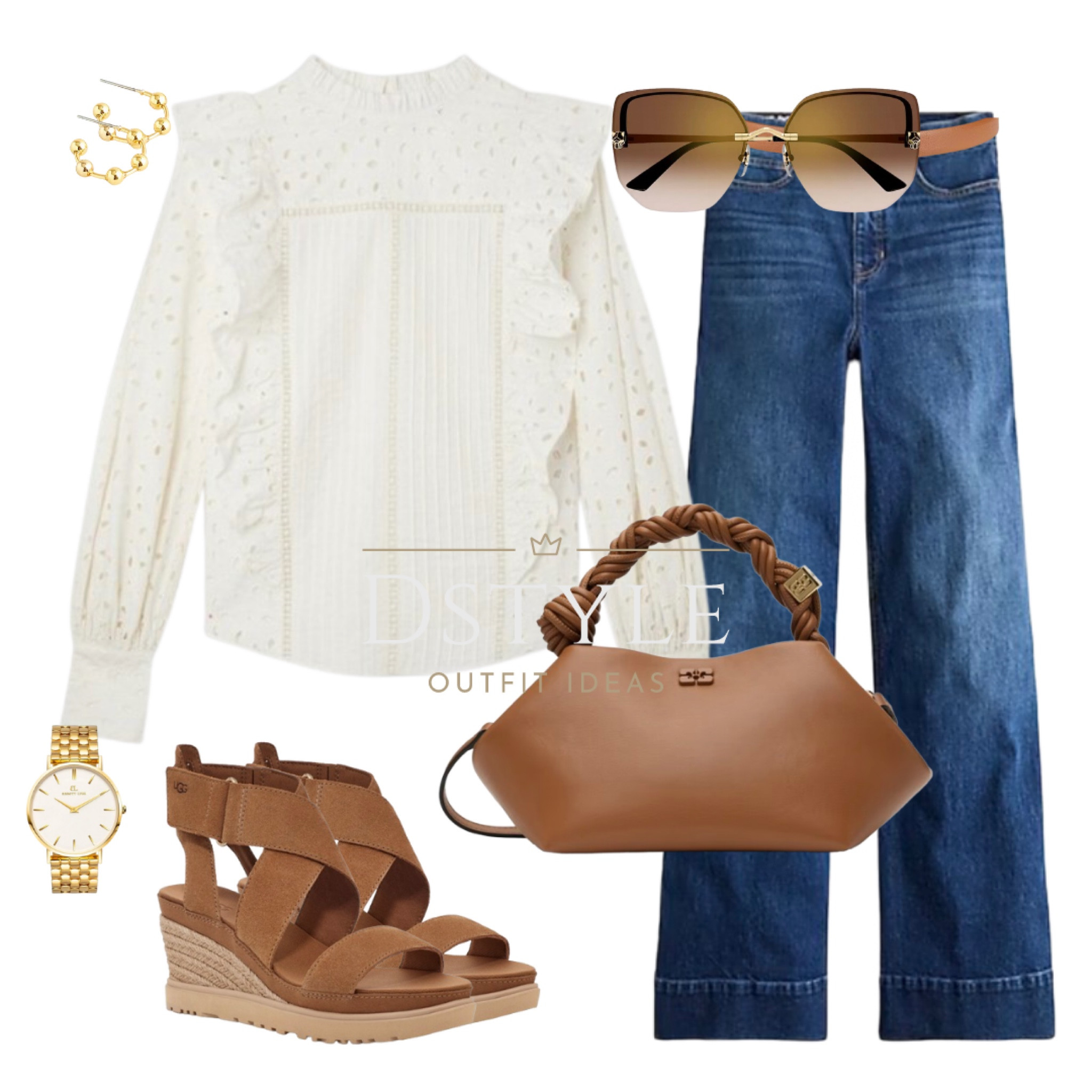 Embroidered cutwork frill detail woven shirt paired with dark wash denim trousers, espadrille wedge sandals, matching leather bag and belt, sunglasses. Ootd, spring style, office wear, spring outfit, tan leather accessories, UGG, Ganni, comfy yet chic look

#LTKstyletip #LTKworkwear #LTKitbag