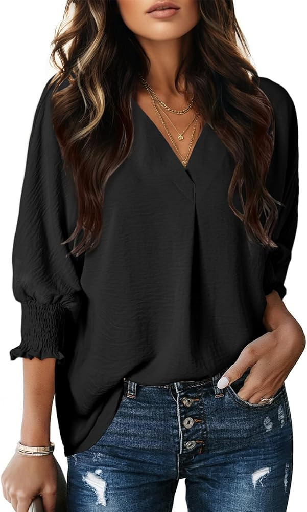 Dokotoo Women Blouses Dressy Casual V Neck 3/4 Length Sleeve Womens Tops Business Work Blouses Of... | Amazon (US)