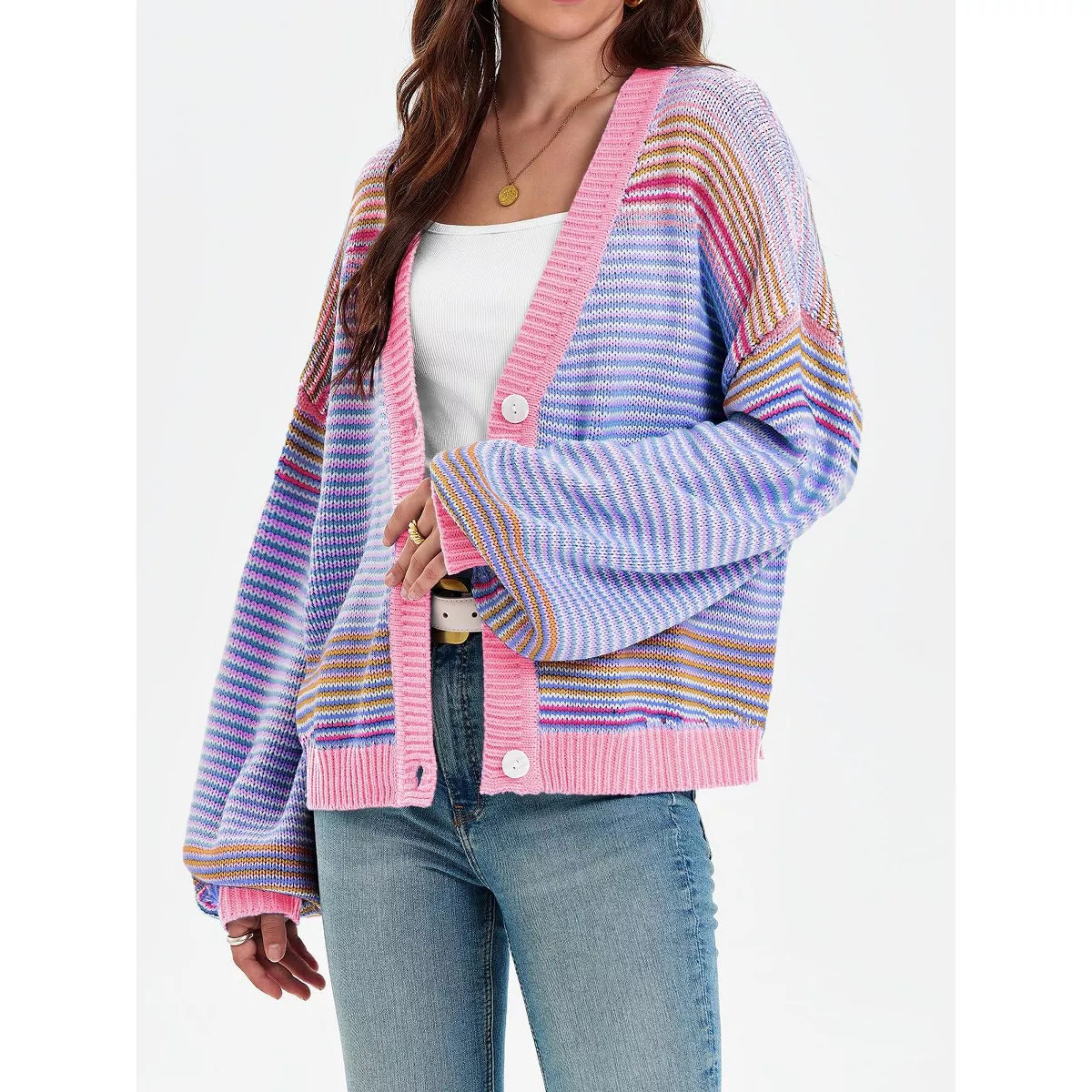 Imily Bela Womens Button Up Striped Cardigan Oversized V Neck Puff Sleeve Color Block Knit Coat P... | Target