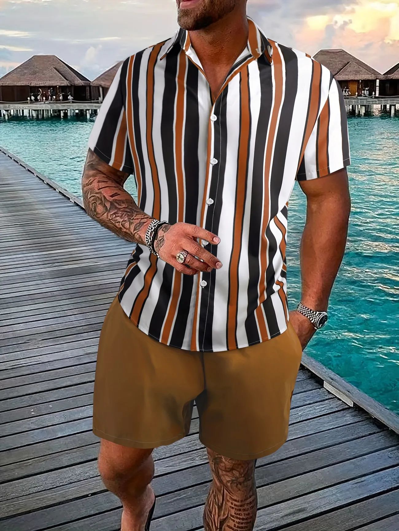 Mens 2 Pieces Outfits Strip Print Button Up Shirt And Drawstring Shorts Set For Summer - Men's Cl... | Temu Affiliate Program