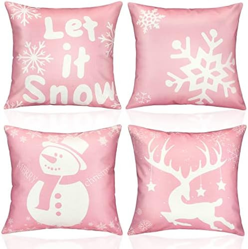 Christmas Pillow Covers 18 x 18 Set of 4 Pink Square Pillow Cases Decorative Throw Pillow Covers ... | Amazon (US)