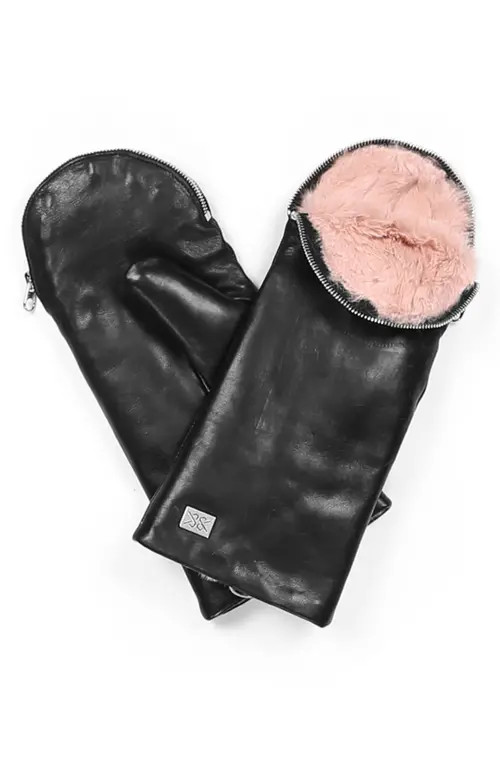 Soia & Kyo Leather Zip Top Mittens with Faux Fur Lining in Black at Nordstrom, Size Medium | Nordstrom