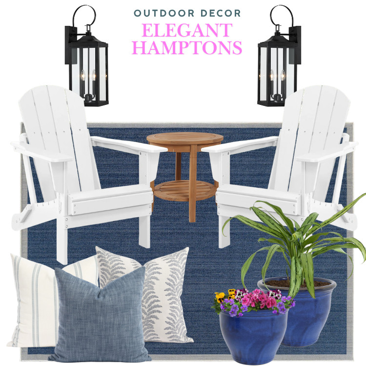 Coastal outdoor decor, elegant front porch decorating, blue and white outdoor furniture | adirondack chairs, blue outdoor rug, blue and white pillows, outdoor ceramic planter, coastal chic, hamptons decor 

 #LTKcanada #LTKsummer #LTKhome