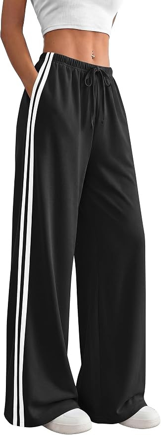 PRETTYGARDEN Womens Wide Leg Sweatpants Striped Drawstring Waist Casual Athletic Track Sports Pan... | Amazon (US)