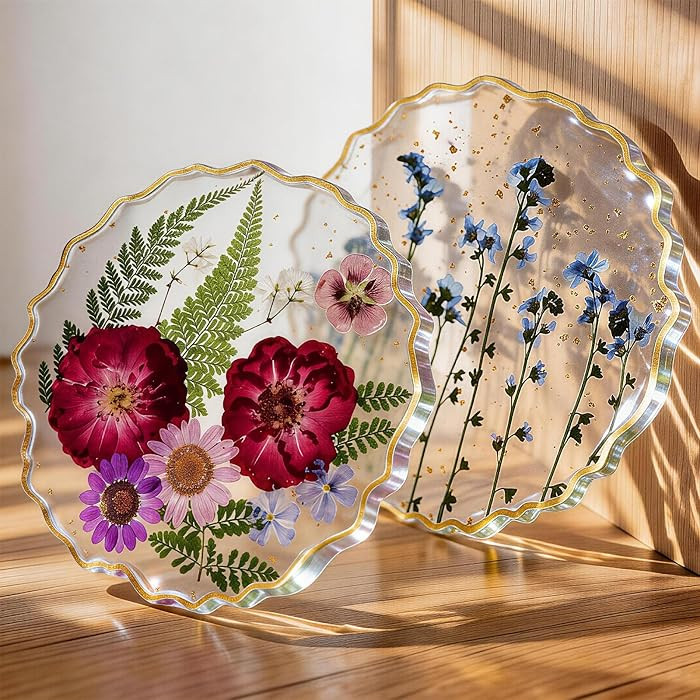 Oqplog Resin Drink Coasters for Desk Coffee Table-Pink&Blue Dried Flowers Wave Shape Cup Coasters... | Amazon (US)