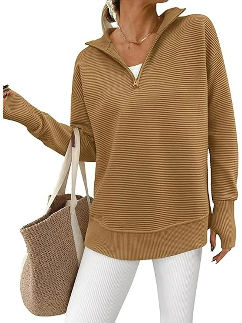 PRETTYGARDEN Womens Long Sleeve Quarter Zip Pullover Sweater Casual Loose V Neck Collared Ribbed ... | Walmart (US)