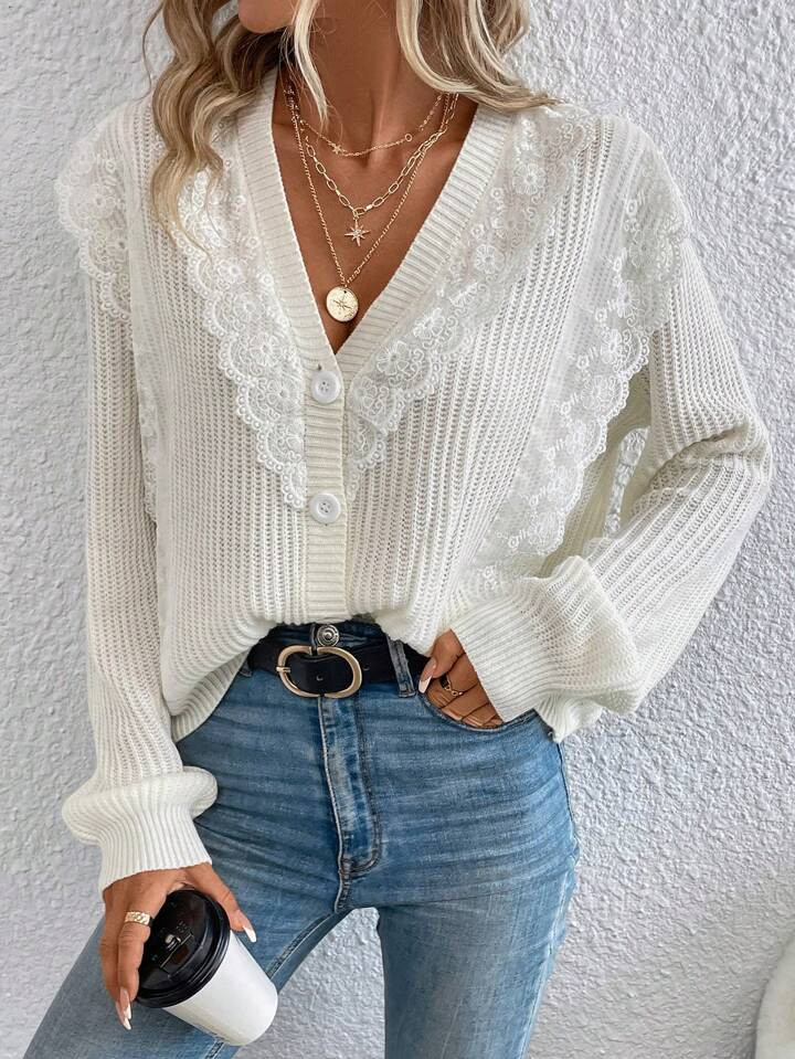SHEIN Privé Contrast Mesh Embroidery Cardigan | SHEIN