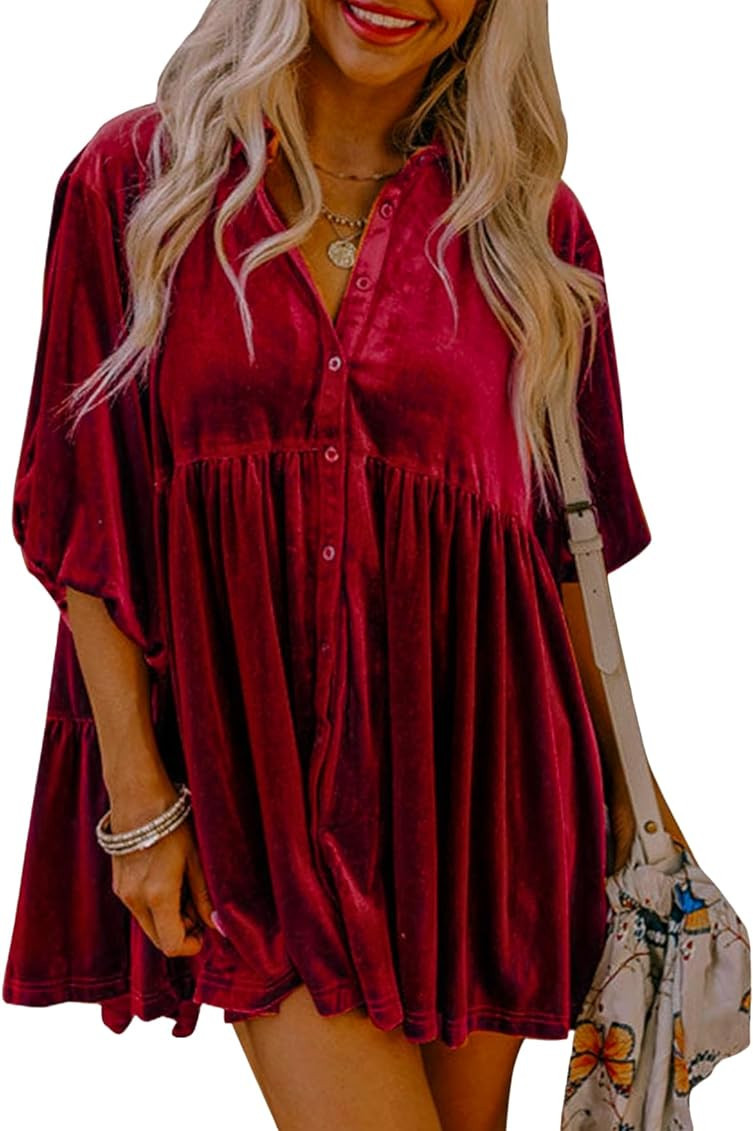 EZAPINE Womens Velvet Dress Button Down T Shirt 3/4 Sleeve Tunic Dresses Casual Babydoll Mini Dress | Amazon (US)