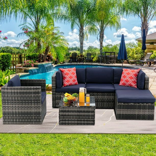 Rattan Patio Sofa Set, 6 Pieces Outdoor Sectional Furniture, All-Weather PE Rattan Wicker Patio C... | Walmart (US)