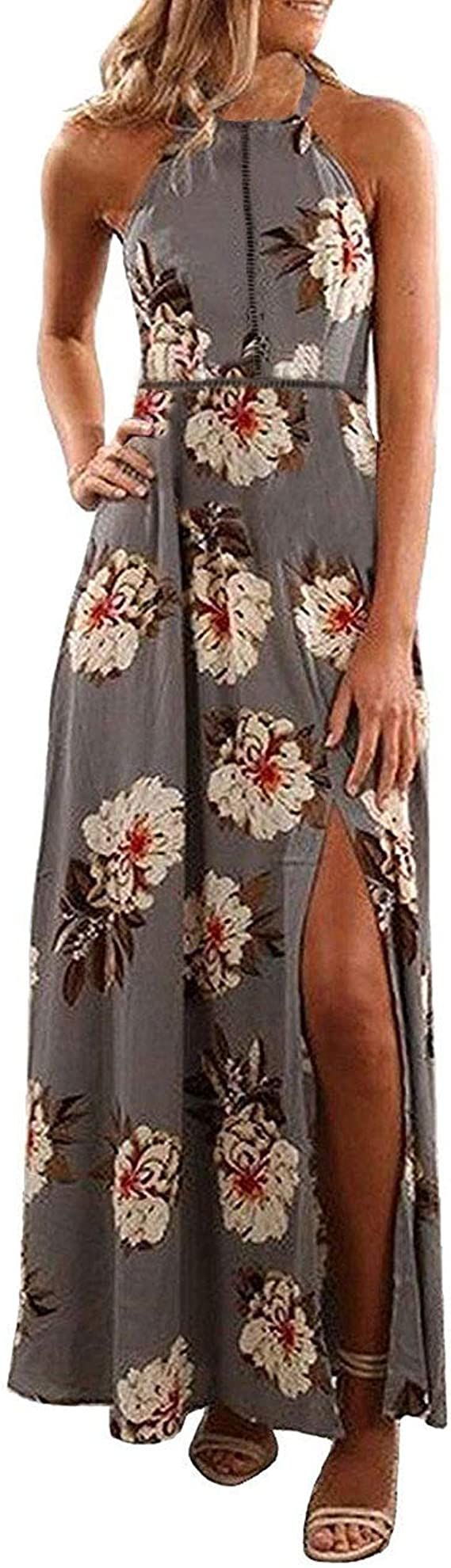 ZESICA Women's Halter Neck Floral Print Backless Split Beach Party Maxi Dress | Amazon (US)