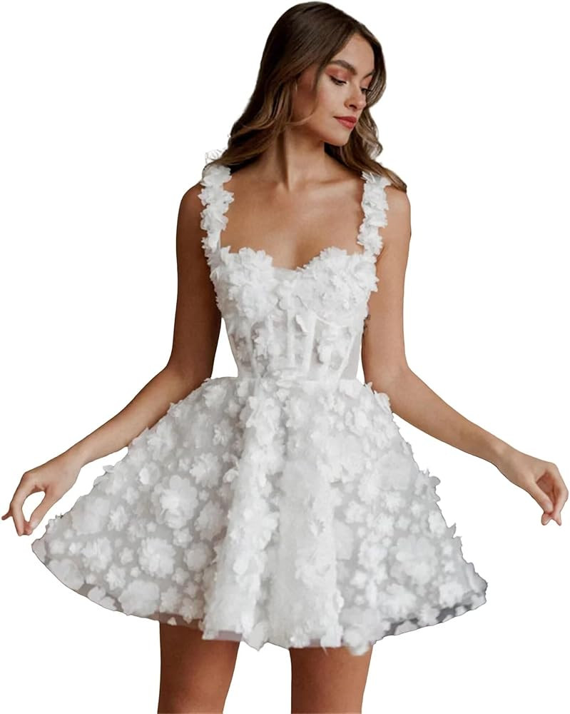 Short Wedding Dresses for Bride Boho Beach Tulle 3D Flowers Lace Appliques Bridal Gowns for Women | Amazon (US)