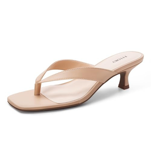FITORY Women's Sexy Kitten Heel Flip Flops,Square Open Toe Low Heel Sandals, Slip on Comfortable Thong Heels for Causal Nude Size 8 | Amazon (US)