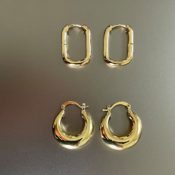Chunky Gold Fill Earrings Set, 14k Gold Oval Hoop Earring, Chunky Hoops Gold Earring Set, Chunky ... | Etsy (US)