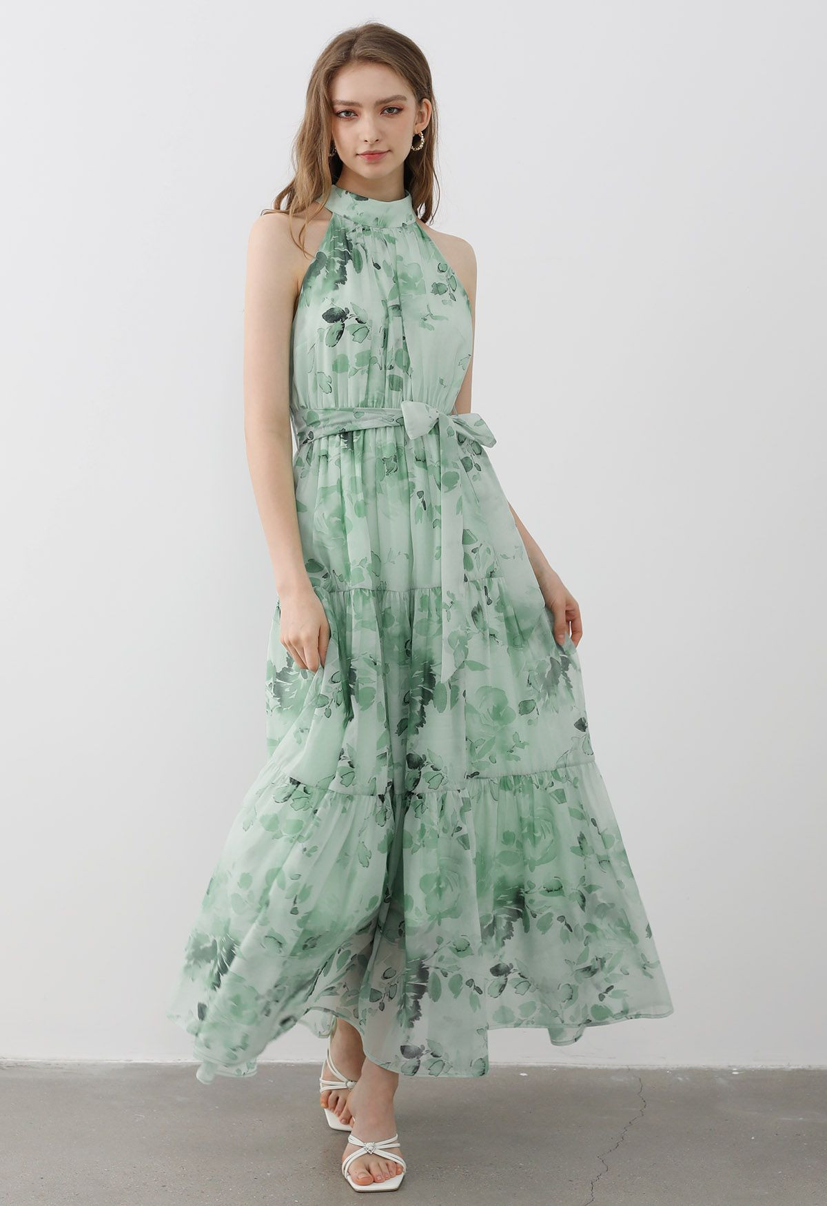 Floral Halter Neck Tie Waist Maxi Dress in Mint | Chicwish