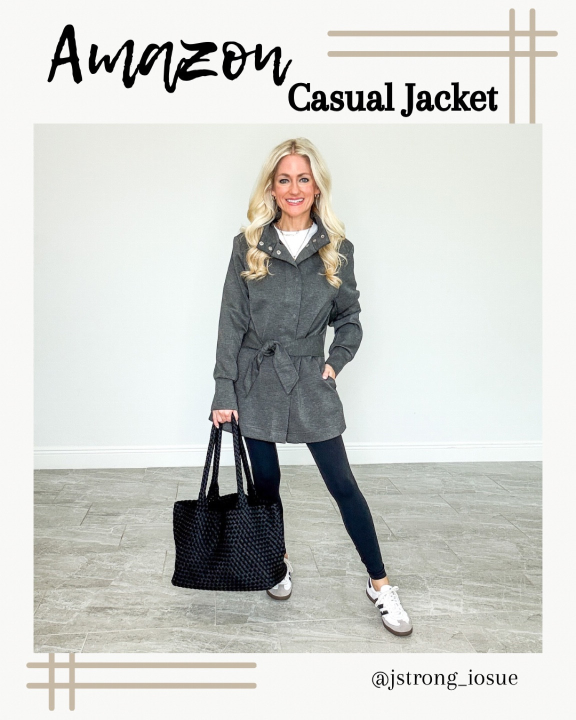 Casual Jacket from Amazon to elevate your leggings! Pleated in the back to give a fitted look. Snap closure with the option to tie the belt in the front. Has pockets and comes in 8 colors. Add this- look for less- woven tote and you’re ready for the day! 

#LTKStyleTip #LTKFindsUnder100