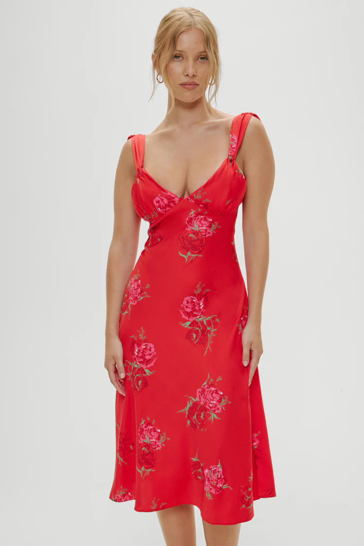 Aurora Satin Floral Midi Dress - Red Rose Brushstroke | Frankies Bikinis
