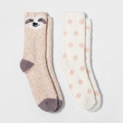 Women's Sloth 2pk Cozy Crew Socks - Tan One Size | Target