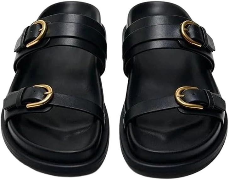 Women's Round Toe Belt Buckle Platform Beach Flat Slide Sandals Slippers | Amazon (US)