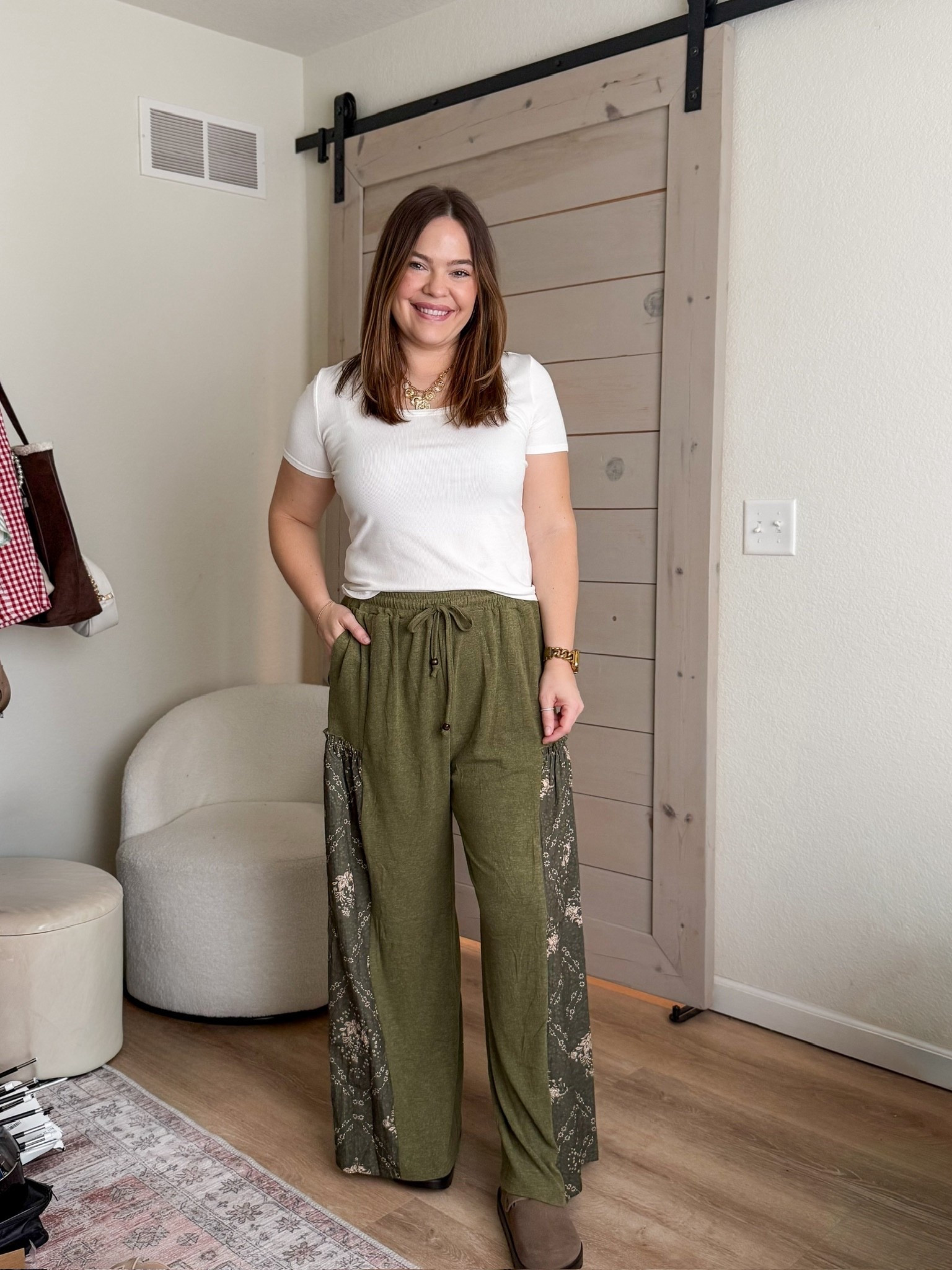 Wide leg high waisted palazzo printed pants wearing size large in the green color!

#LTKootd #LTKMidsize #LTKSeasonal