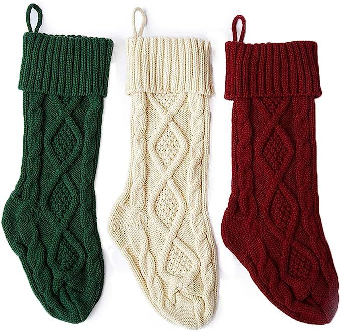 Aicos Christmas Knit Stockings, 3 Pack, Large Xmas Stockings Classic Burgundy Red Ivory White Gre... | Amazon (US)