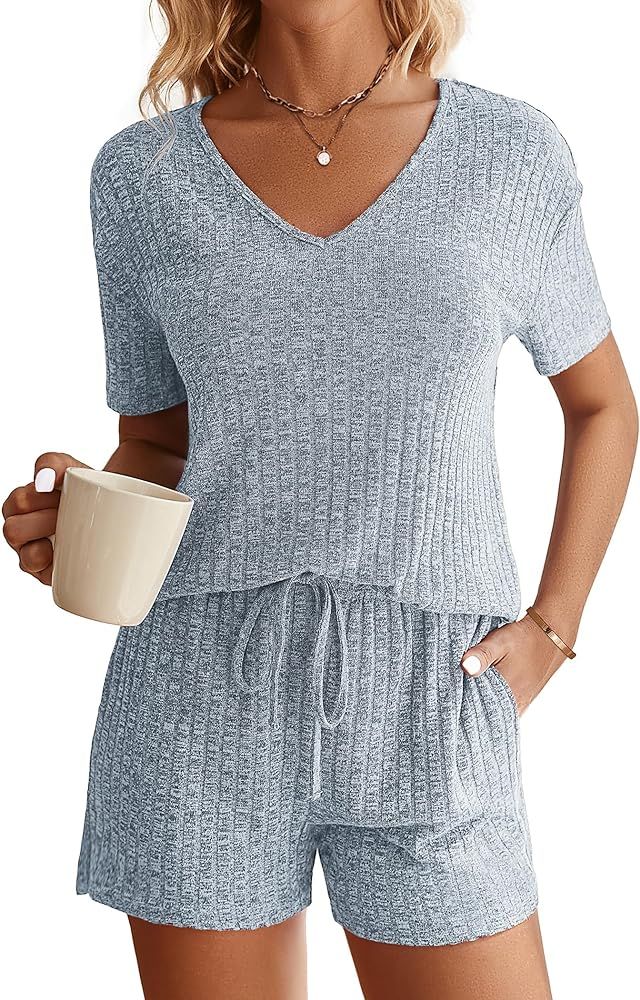 Ekouaer Womens Ribbed Knit Lounge Set Short Sleeve Top and Shorts Sleepwear Pajama Set Two Piece ... | Amazon (US)