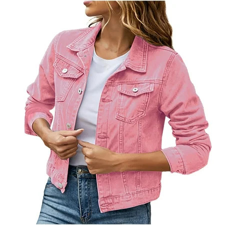 Womens Oversized Jean Denim Jacket Women Denim Jacket Long Sleeve Cardigan Pocket Coat Tops Oversized Jean Jacket for Women S-152 Pink-a L | Walmart (US)